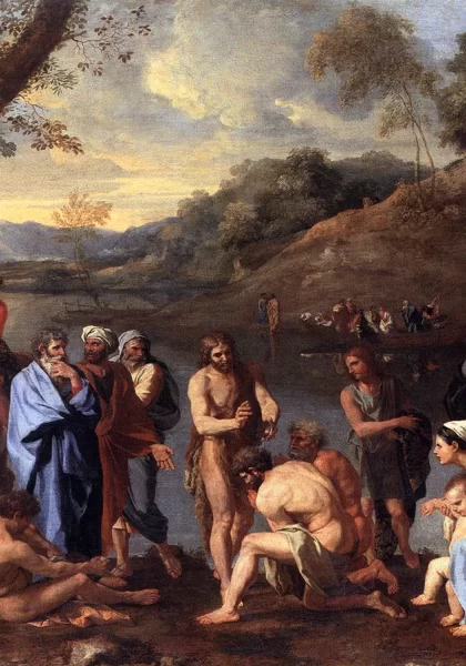 Šv. Jonas Krikštytojas krikštija žmones. Nicolas Poussin, apie 1635. Šv. Jonas Krikštytojas krikštija žmones. Nicolas Poussin, apie 1635.