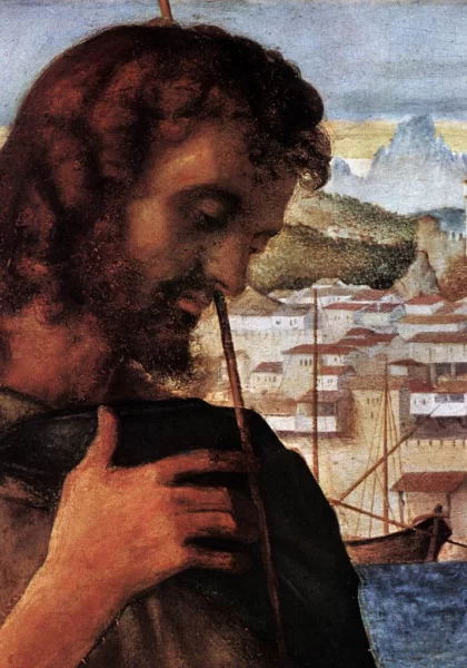 Madona su kūdikiu, šv. Jonu krikštytoju ir šventuoju (detalė). Giovanni Bellini, 1500-04. Madona su kūdikiu, šv. Jonu krikštytoju ir šventuoju (detalė). Giovanni Bellini, 1500-04.