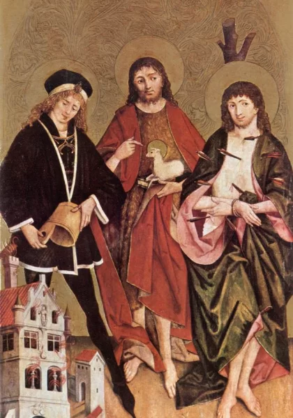Šv. Florijonas, šv. Jonas Krikštytojas ir šv. Sebastijonas. Hans Strigel II, apie 1480. Šv. Florijonas, šv. Jonas Krikštytojas ir šv. Sebastijonas. Hans Strigel II, apie 1480.