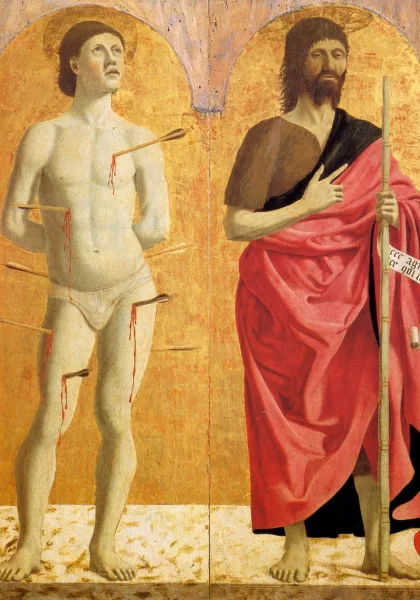 Šv. Sebastijonas ir Šv. Jonas Krikštytojas (Gailestingumo poliptikas). Piero della Francesca, 1445-62. Šv. Sebastijonas ir Šv. Jonas Krikštytojas (Gailestingumo poliptikas). Piero della Francesca, 1445-62.