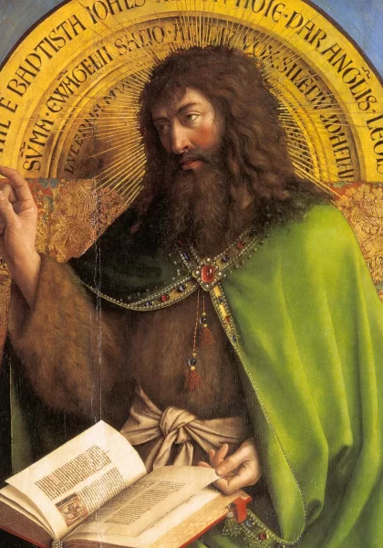 Šv. Jonas Krikštytojas ir donoras (Gento altoriaus detalė). Jan van Eyck, 1425-29. Šv. Jonas Krikštytojas ir donoras (Gento altoriaus detalė). Jan van Eyck, 1425-29.