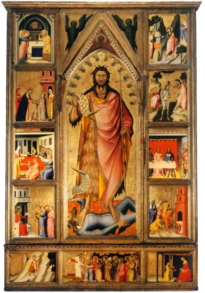 Šv. Jono Krikštytojo altoriaus detalė. Giovanni del Biondo, 1365-70. Šv. Jono Krikštytojo altoriaus detalė. Giovanni del Biondo, 1365-70.