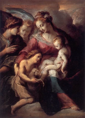 Madona su kūdikiu, šv. Jonu krikštytoju ir apsilankančiais angelais. Giulio Cesare Procaccini.