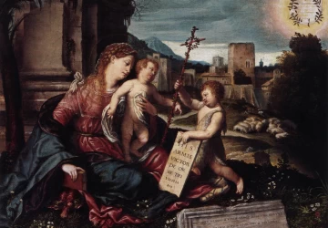 Madona su vaikeliu ir jaunu šv. Jonu Krikštytoju. Moretto da Brescia, apie 1550.