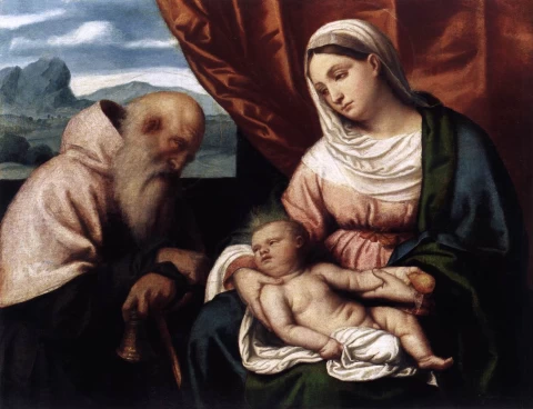 Madona su vaikeliu ir šv. Antanu. Moretto da Brescia, 1540-45.