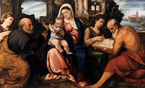 Mergelė ir kūdikėlis su šventaisiais. Veronese Bonifacio, 1525-30.