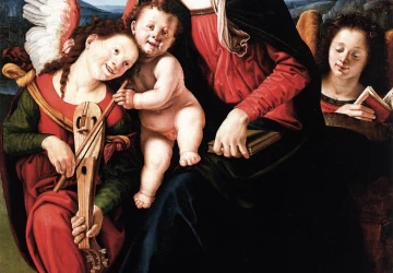 Mergelė ir kūdikėlis su dviem angelais. Piero di Cosimo, 1505-10.
