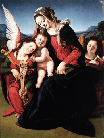 Mergelė ir kūdikėlis su dviem angelais. Piero di Cosimo, 1505-10.