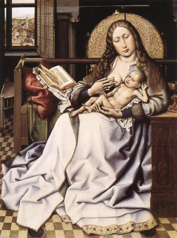 Mergelė ir kūdikėlis prie židinio. Flémalle meistras, 1430.
