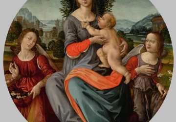 Mergelė ir kūdikėlis peizažo fone su angelais. Tommaso di Credi.