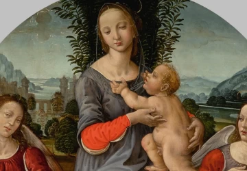 Mergelė ir kūdikėlis peizažo fone su angelais (detalė). Tommaso di Credi.