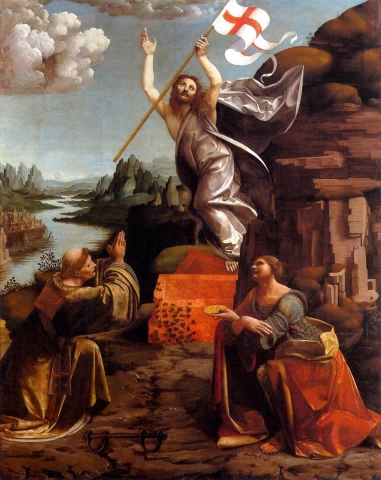 Kristaus prisikėlimas su šv. Leonardu ir šv. Liucija. Marco D&apos; Oggiono, 1491-94.