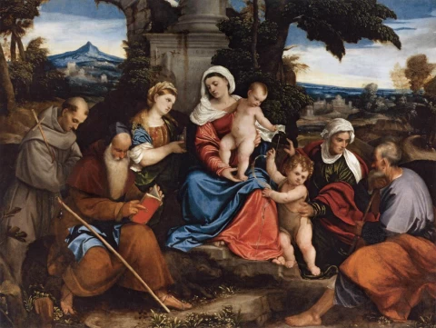 Šventoji šeima su šventaisiais. Veronese Bonifacio, apie 1525.