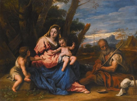 Šventoji šeima su kūdikėliu šv. Jonu Krikštytoju peizažo fone. Sebastiano Ricci.