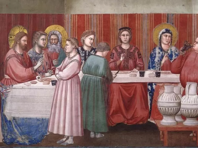 Giotto de Bondone freska \u201eVestuv\u0117s Kanoje\u201c i\u0161 Arenos koply\u010dios Paduvoje