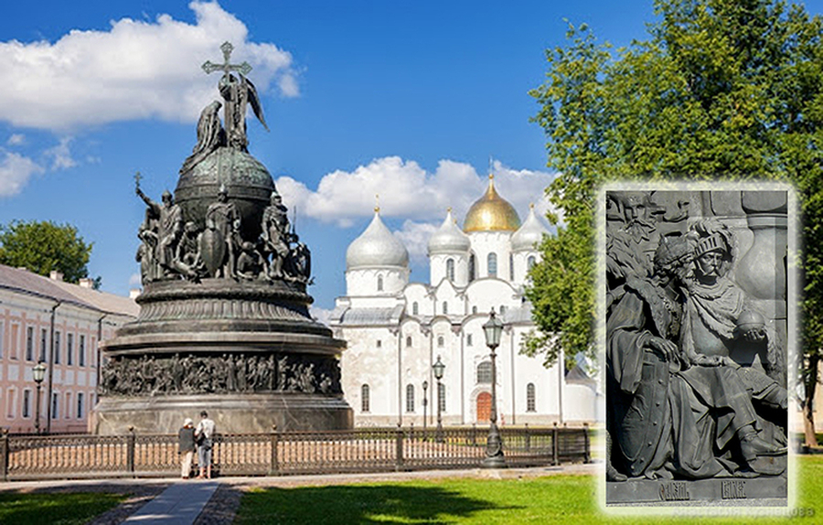 Rusijos tūkstantmečio paminklas Novgorode ir Vytauto Didžiojo skulptūra ant jo
